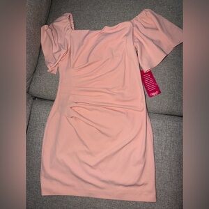 Badgley Mischka Pink Off-Shoulder Puff Sleeve Mini Dress